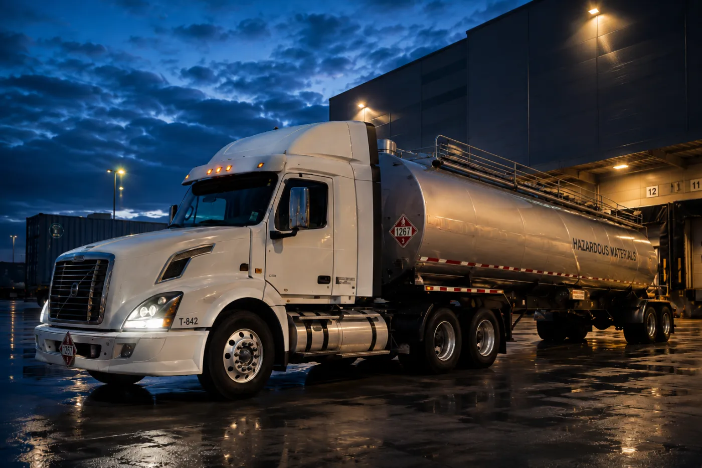OnTrak hazmat-certified driver hauling a placarded hazardous-material container from a Florida port terminal