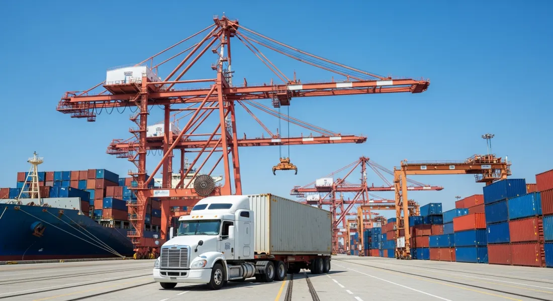 OnTrak drayage truck hauling a container at a port terminal