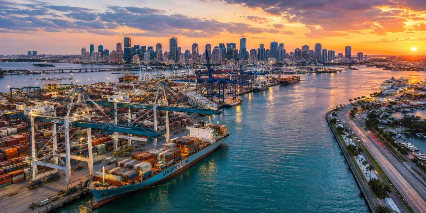 Aerial view of Port Everglades container terminals served by OnTrak drayage trucks from Doral