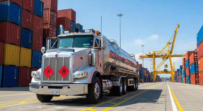 Hazmat placarded tanker truck at a terminal